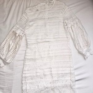 White overlay lace midi dress w/ long puff sleeves